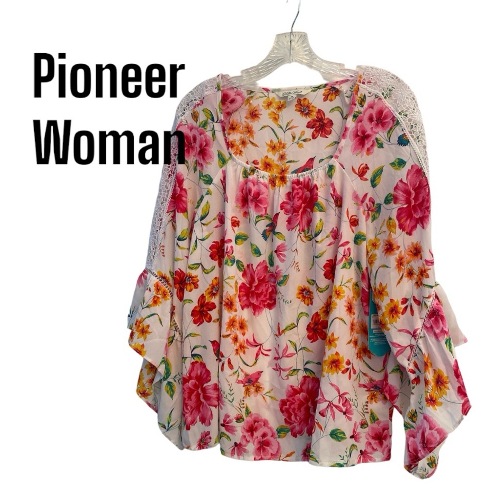 Pioneer Woman Square Neck Raglan Sleeve Floral Top M